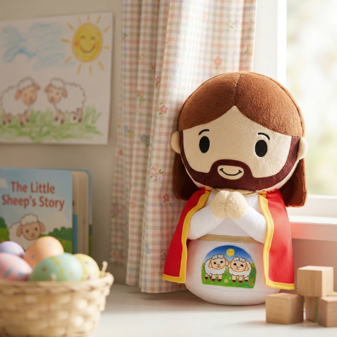 Good Shepherd Catholic Plush Doll and Infant of Prague figurine with Easter decorations in spring setting