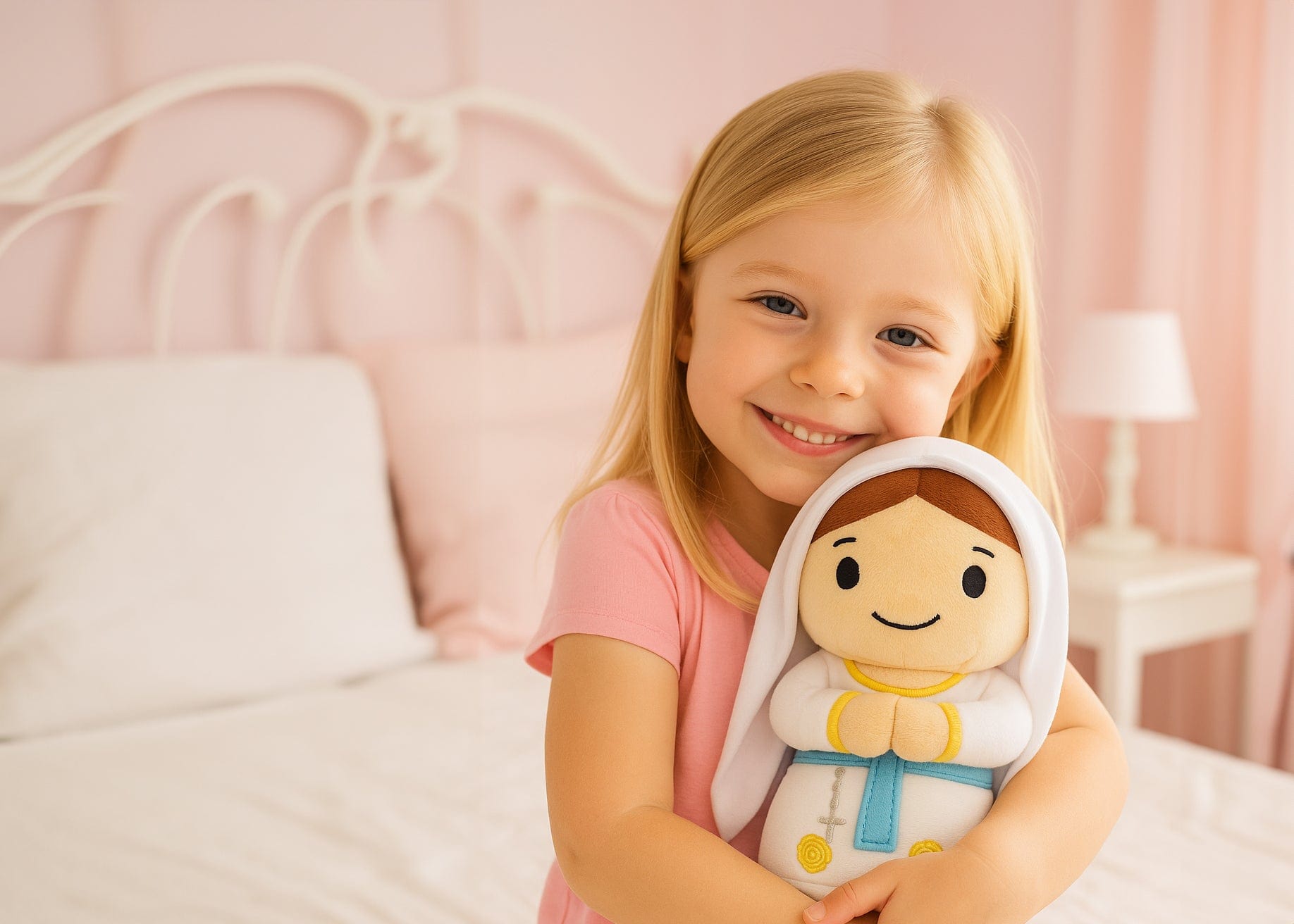 Young girl holding Our Lady of Lourdes plush toy by Little Drops of Water