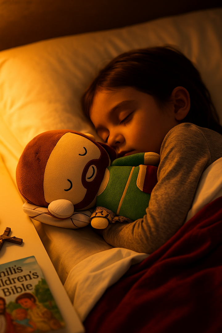 Young child sleeping-holding Little Drops of Water® Sleeping St. Joseph plush toy