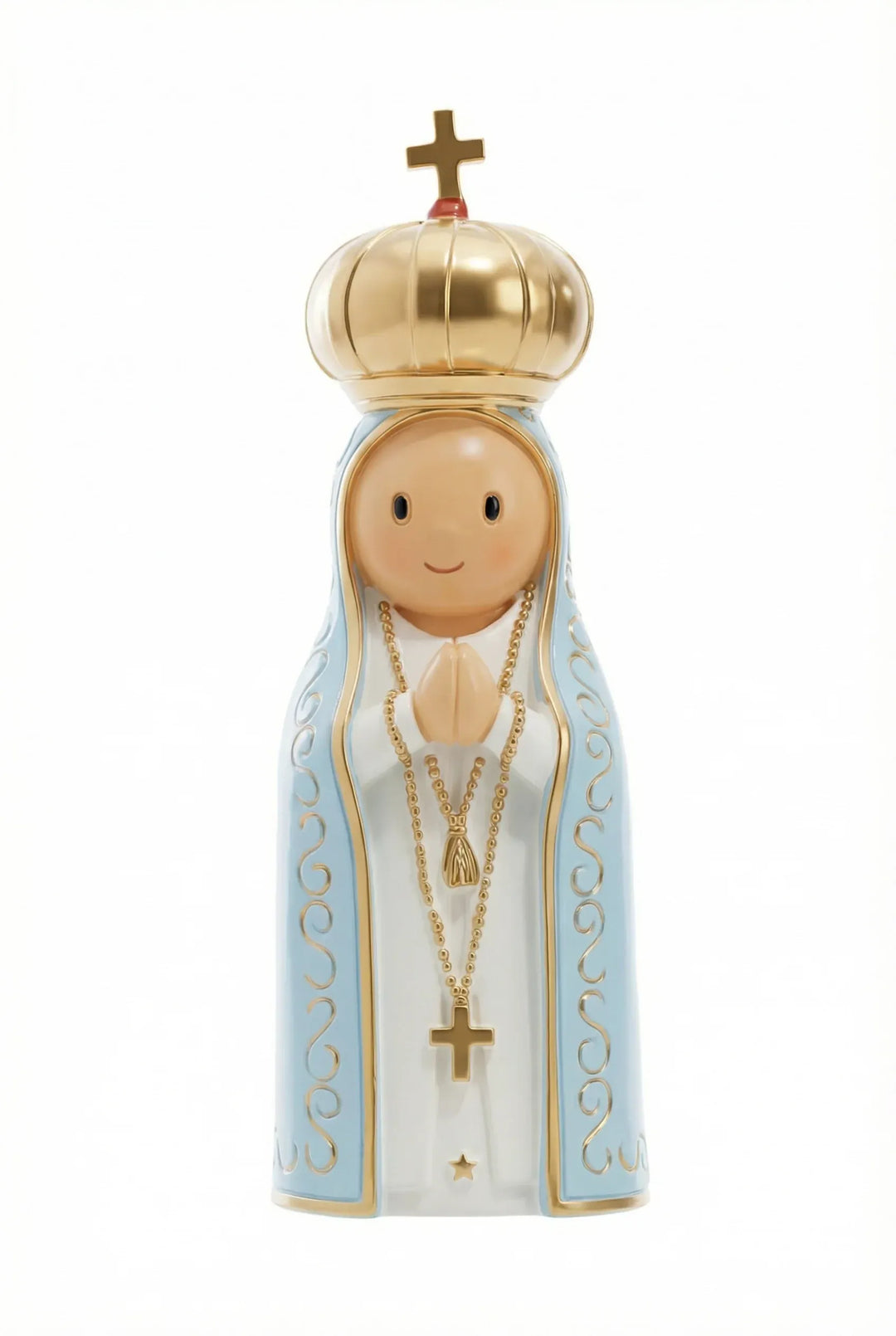 Our Lady of Fatima hand-painted Catholic miniature saint statue — front view, with crown, rosary, and white and blue robes